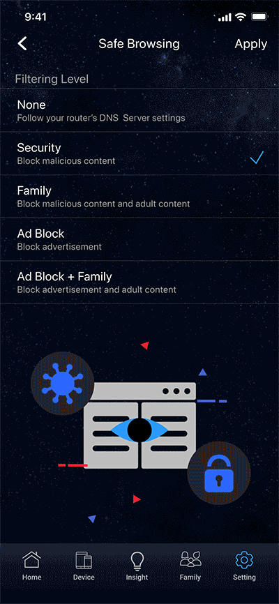 L'interface du smartphone montre les choix fonctionnels d'ASUS Safe Browsing, notamment le blocage des contenus malveillants, des contenus pour adultes et des publicités.