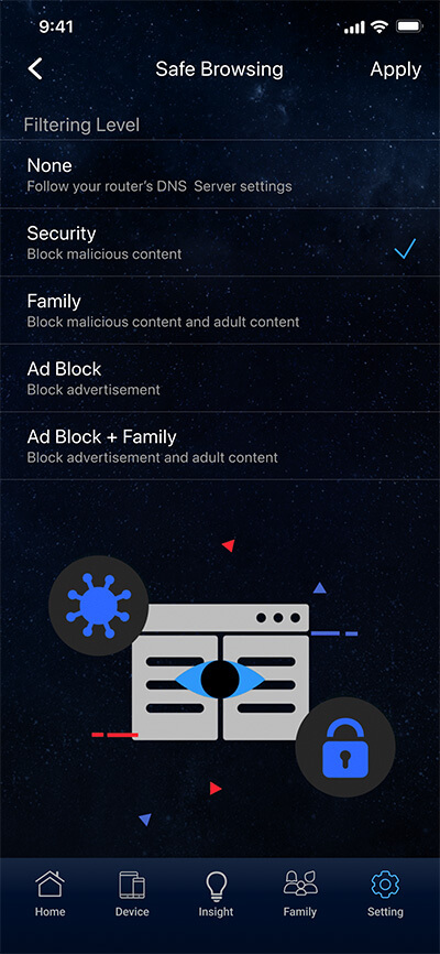L'interface du smartphone montre les choix fonctionnels de la navigation sécurisée ASUS, y compris le blocage du contenu malveillant, du contenu pour adultes et de la publicité.