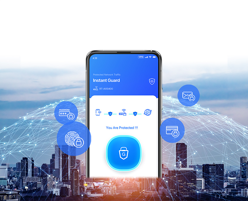 The interface of smartphone shows the successful settings of ASUS Instant Guard and starts to protect any digital information you send to the internet.