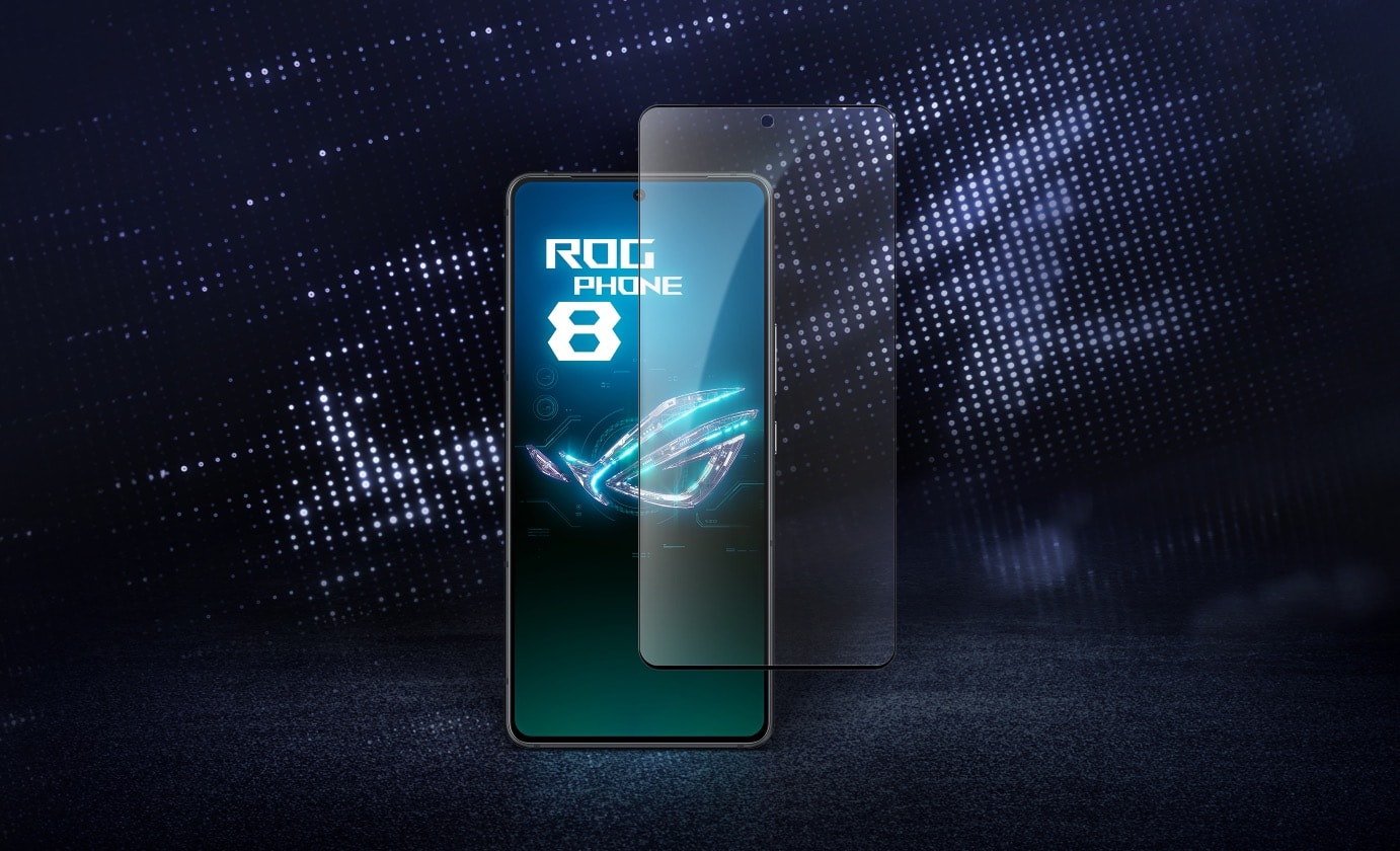 ROG 抗菌玻璃螢幕保護貼與ROG Phone 8 位於白色點陣的 ROG logo 背景前。