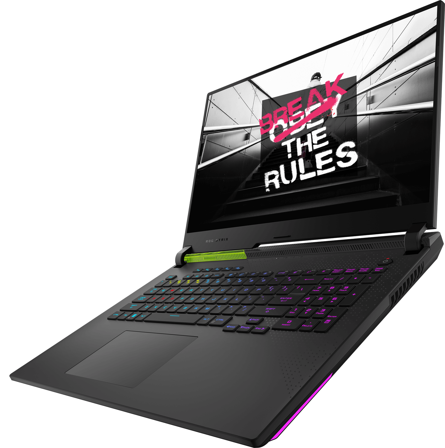 The image shows that the stair with the sentence of break the rules on ROG Strix G17 2022's display