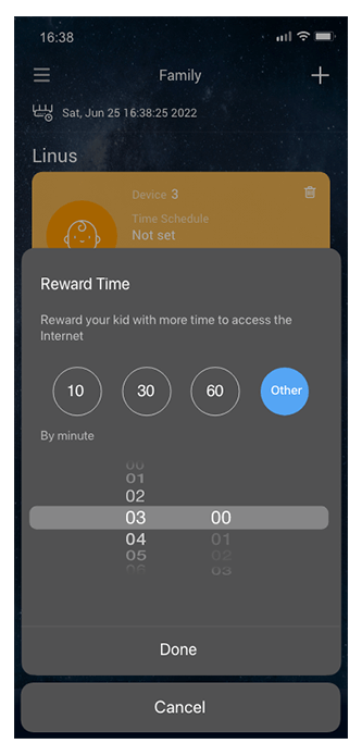 Set reward time by minute for your kids via the intuitive interface.