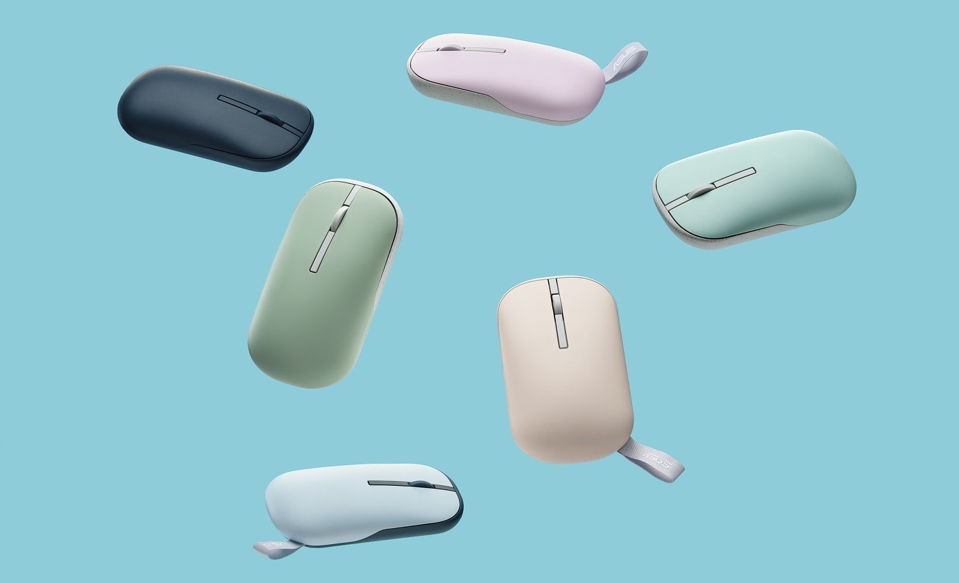 ASUS Marshmallow Mouse MD100 shown in six colors from left to right–Oat Milk, Green Tea Latte, Quiet Blue, Solar Blue, Lilac Purple and Brave Green. 