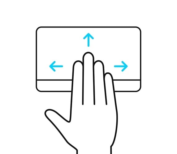 Kuvassa näkyy neljä sormea, jotka pyyhkäisevät ylös, alas, vasemmalle ja oikealle ErgoSense-kosketuslevyllä.
