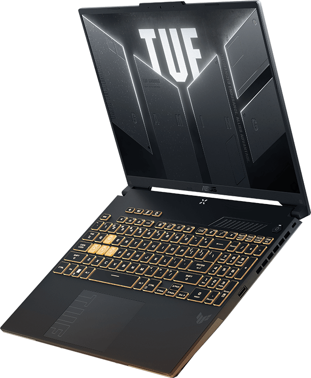 Ноутбук TUF Gaming F16 с открытой крышкой и логотипом TUF Gaming на экране парит на фоне безжизненного ландшафта.