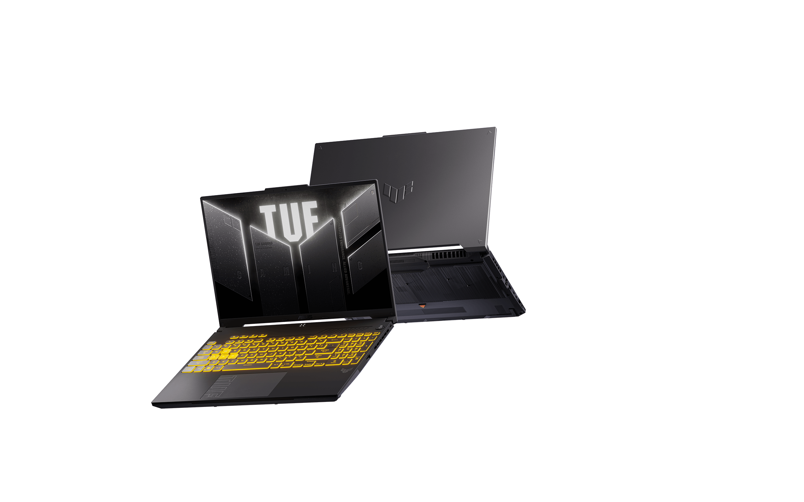The TUF Gaming F16 laptop with a futuristic and yellow accented cityscape in the background.