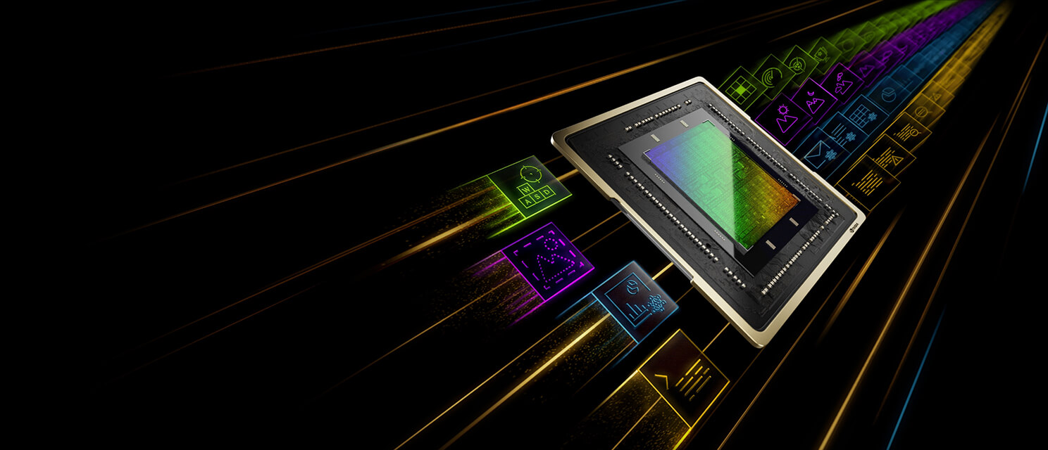 A GPU die, simulating parallel processing with a long line of stylized apps on one side, and completed tasks on the other side.