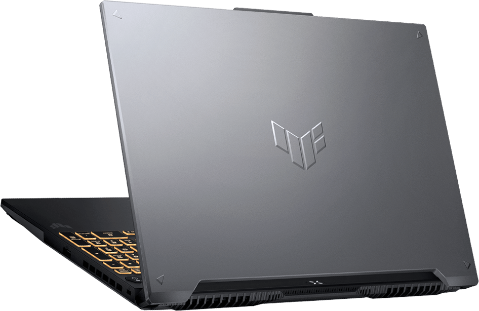 Ноутбук TUF Gaming F16 показан сзади с полуоткрытой крышкой.