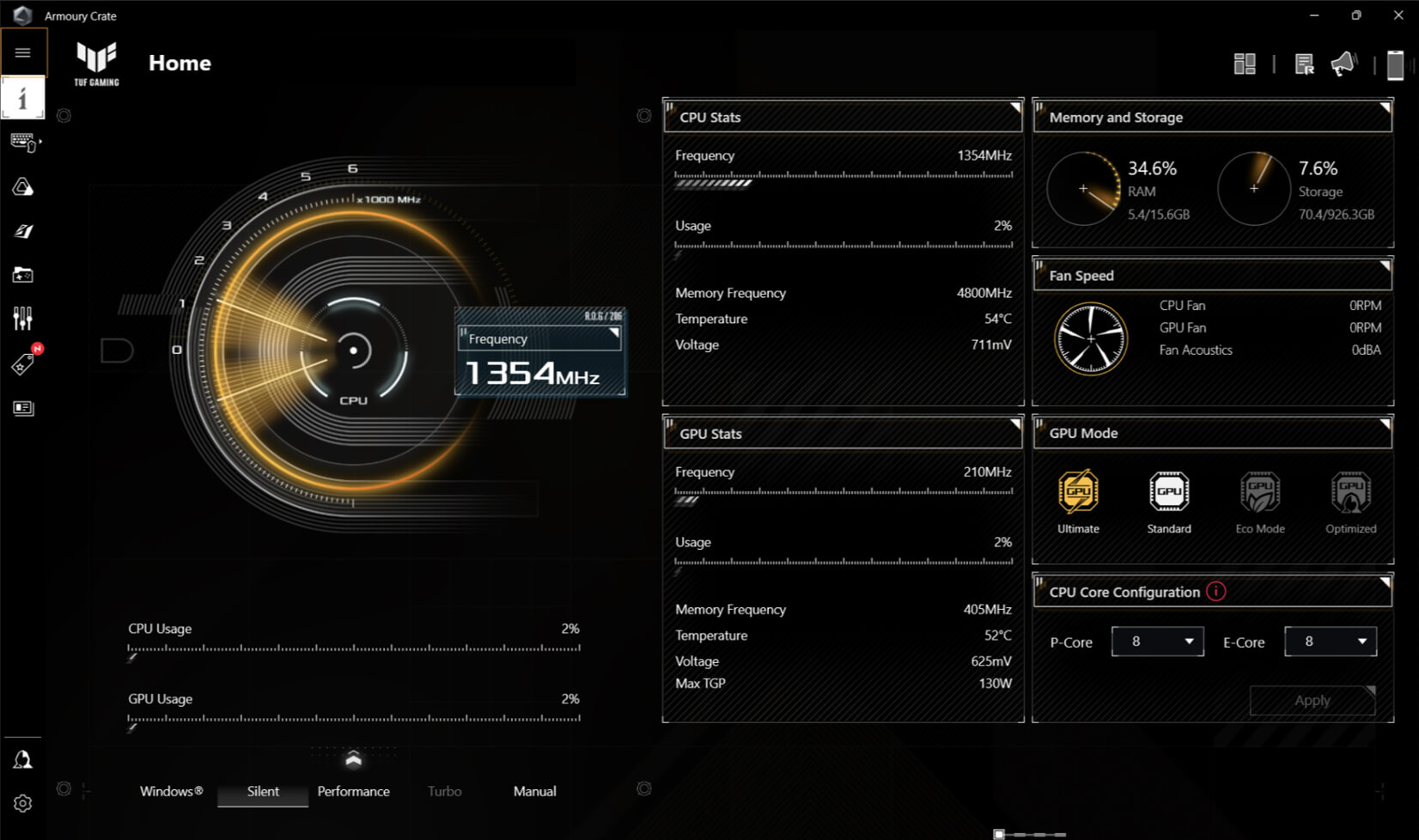 Скриншот приложения Armoury Crate, на котором показан статус системы и доступные для активации функции.