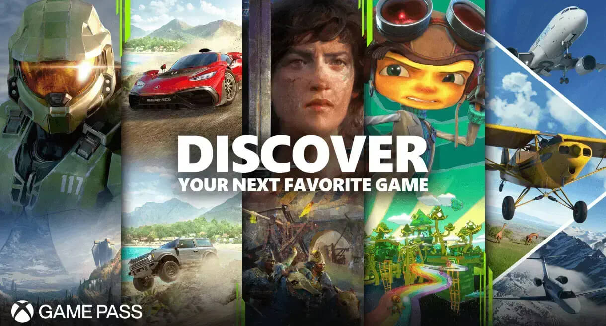 Multiple pieces of in-game promotional art with the Xbox Game Pass logo visible and text reading “Discover your next favorite game.”