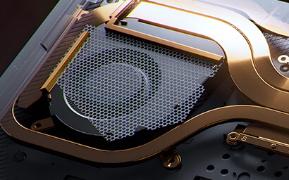 A 3D rendered close up of the cooling system of the TUF Gaming F16, with emphasis on the fans and dust filters.