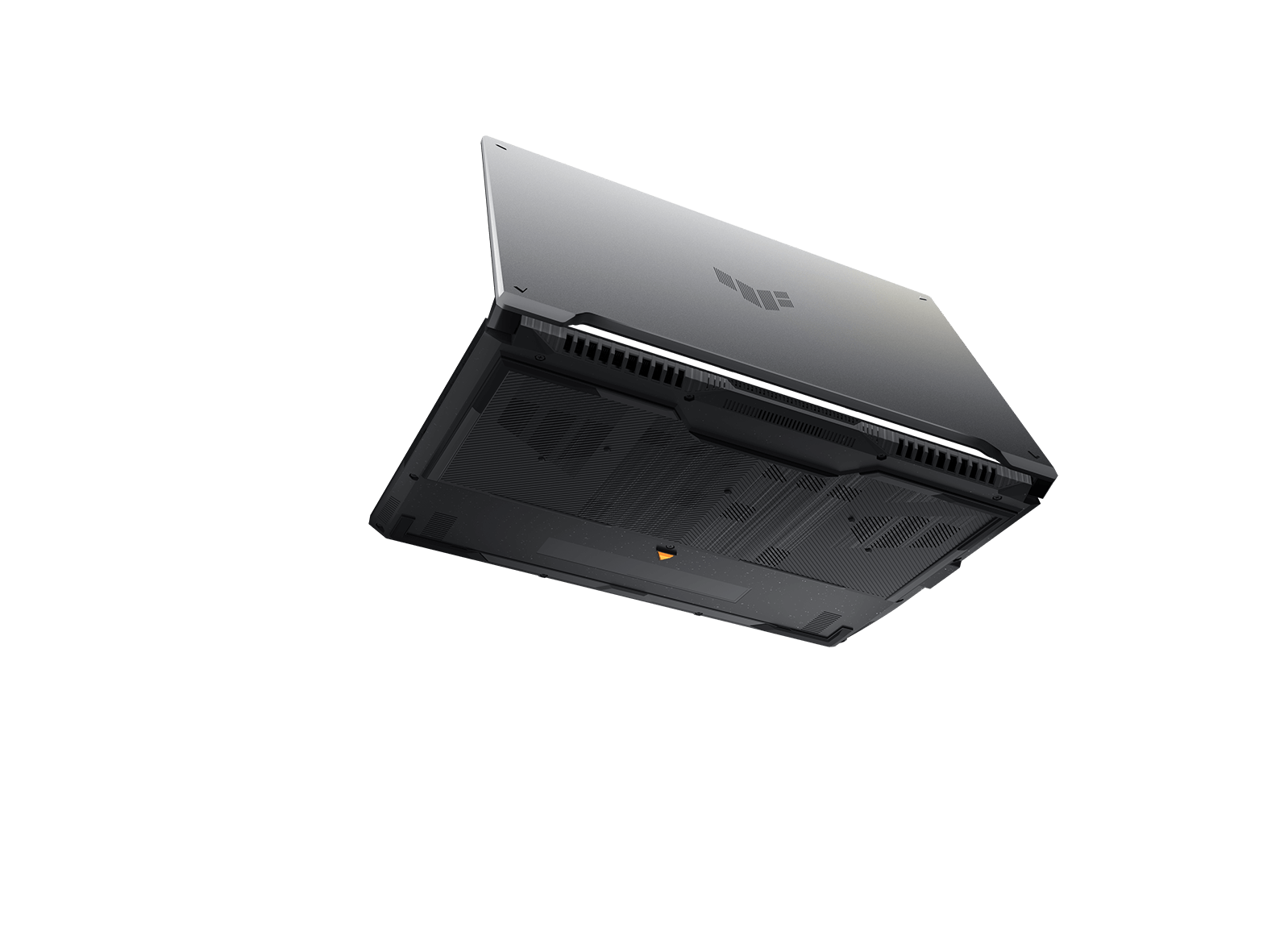 Ноутбук TUF Gaming F16 с полуоткрытой крышкой парит на черном фоне. Видны вентиляционные отверстия в его нижней панели. 