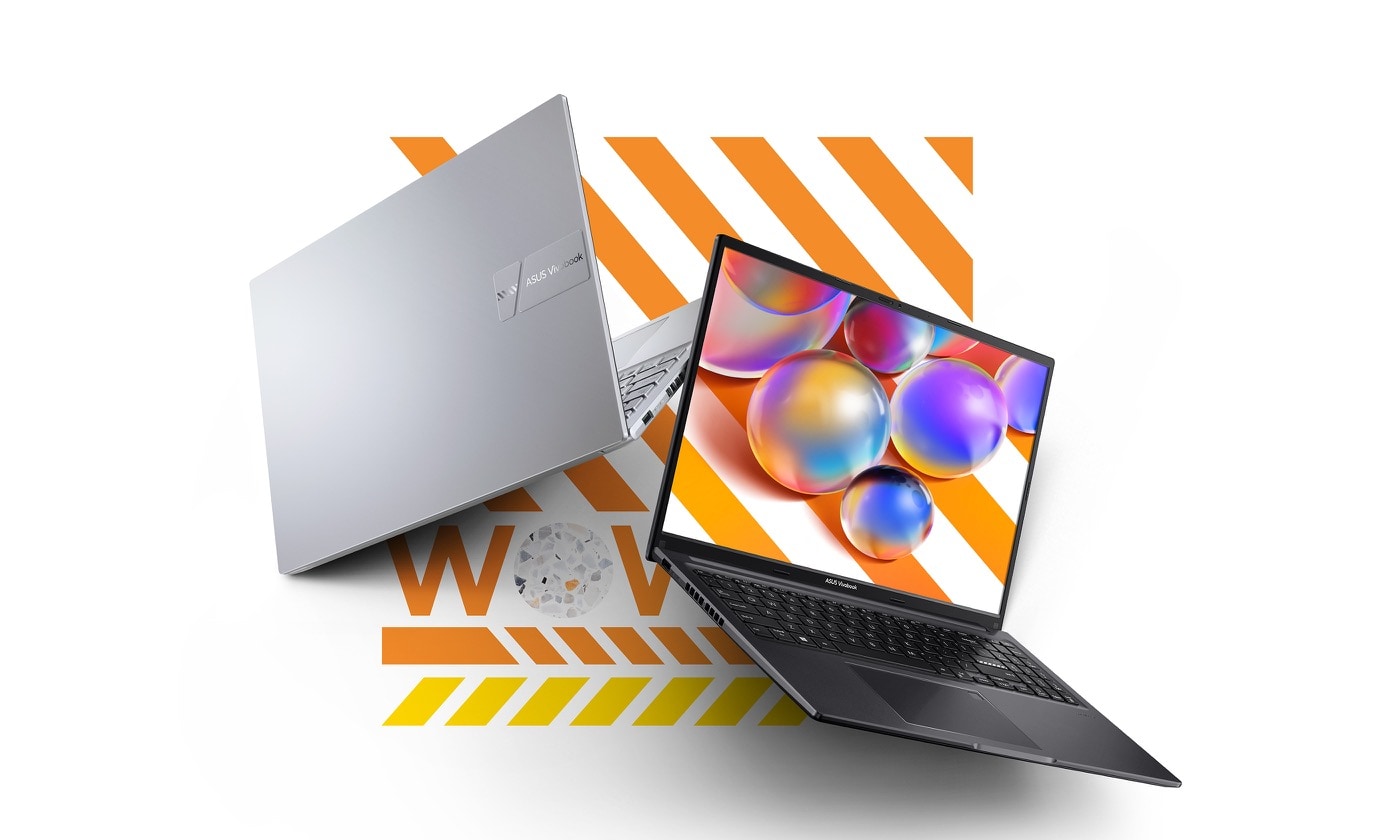 Jeden otevřený notebook ASUS Vivobook 16 s obrazovkou a klávesnicí a jeden zavřený s víkem.