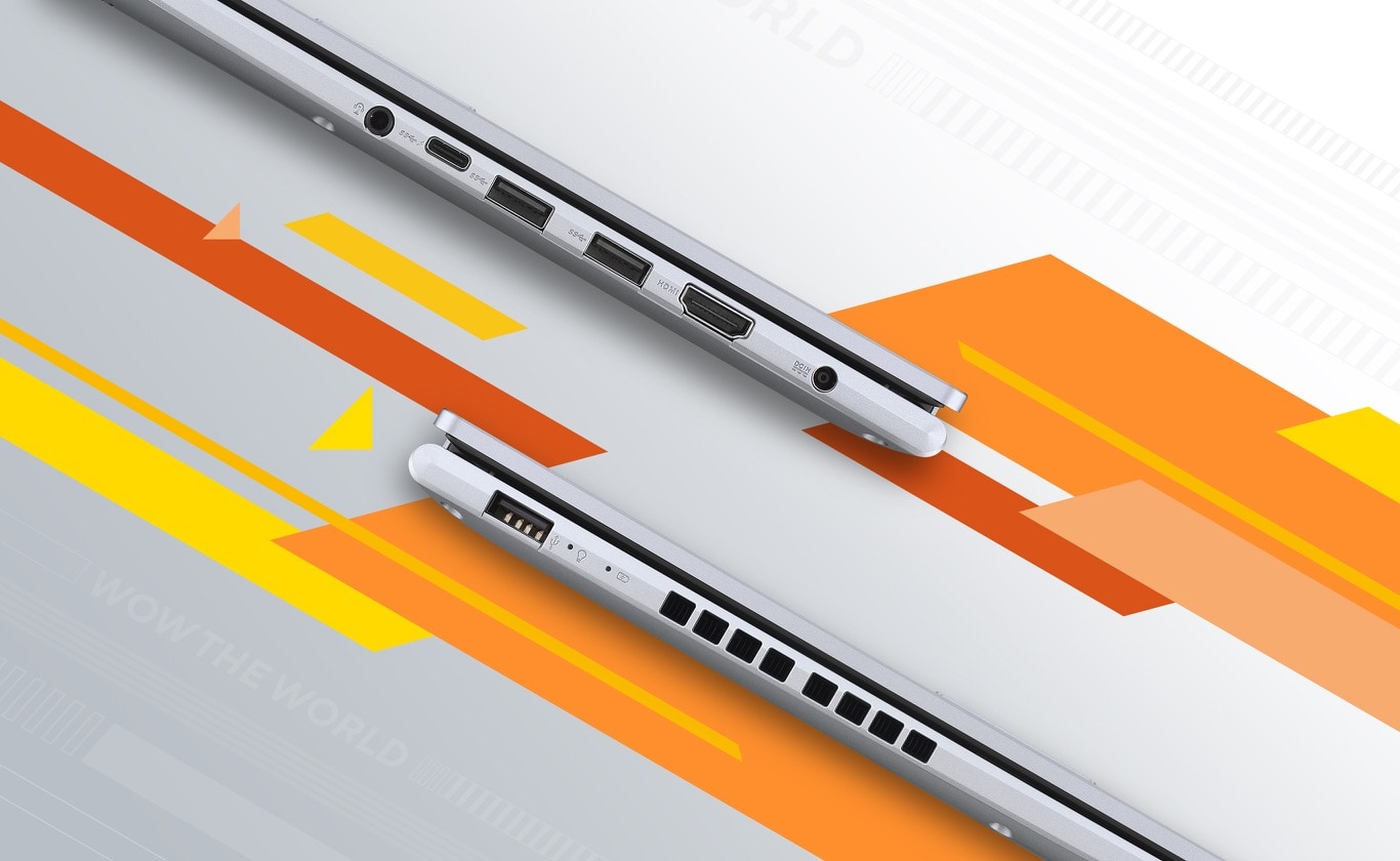 Two Vivobook 16 are closed and shown from left-side and right-side views, presenting I/O ports from left to right — an audio jack, a USB 3.2 Gen1 Type-C, two USB 3.2 Gen1 Type-A, a HDMI, a DC-in and a USB 2.0.