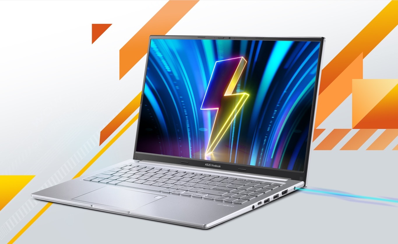 Ноутбук Vivobook 16 зображено відкритим, на екрані значок блискавки.