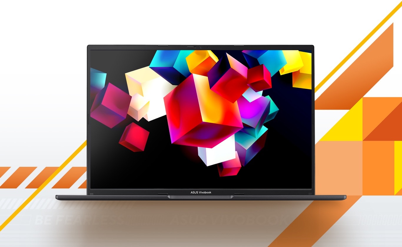 Vivobook 16 відкритий під кутом 90 градусів, на екрані відтворюється барвисте зображення.