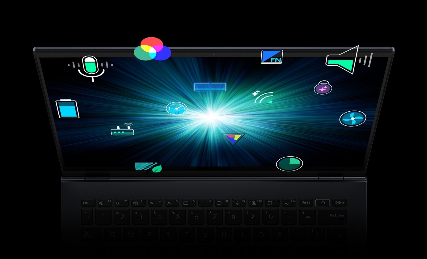 Ноутбук (вигляд спереду) із зображенням спалаху зірки на екрані, оточений значками програм.