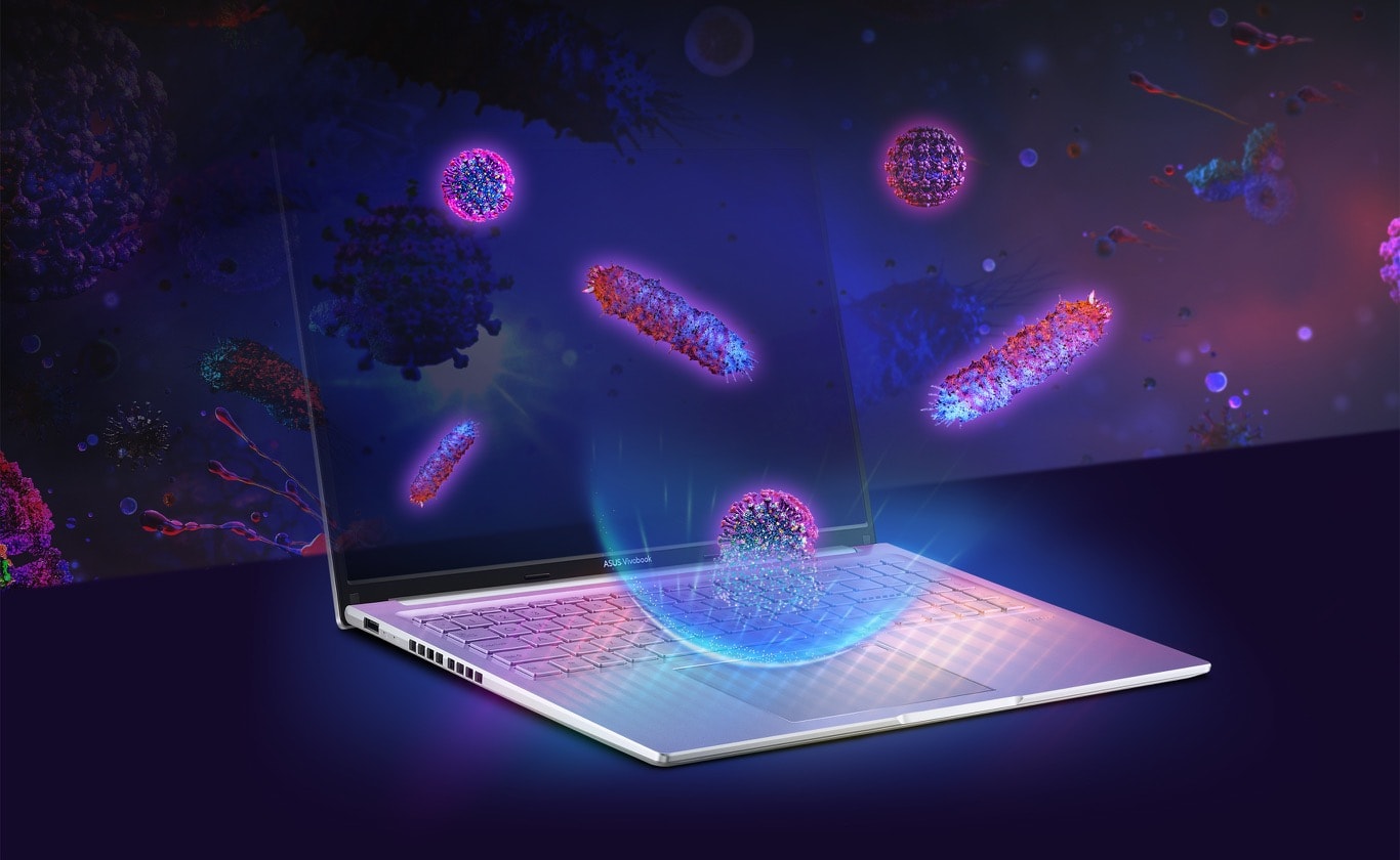 3D images of viruses and bacteria being destroyed by contact with the keyboard of an ASUS Antimicrobial Technology-treated laptop. 