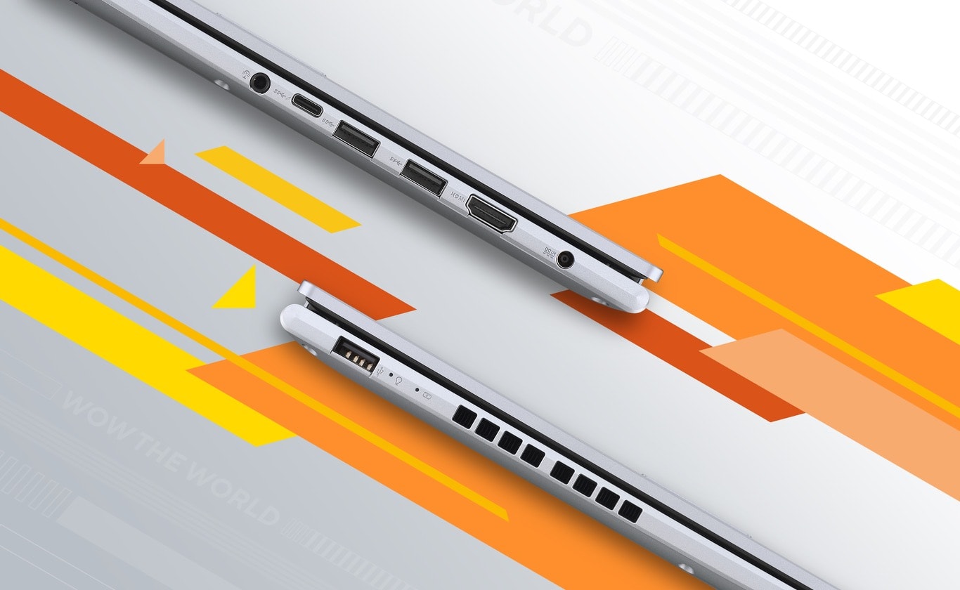 Two Vivobook 16 OLED are closed and shown from left-side and right-side views, presenting I/O ports from left to right — an audio jack, a USB 3.2 Gen1 Type-C, two USB 3.2 Gen1 Type-A, a HDMI, a DC-in 1.4 and a USB 2.0. 