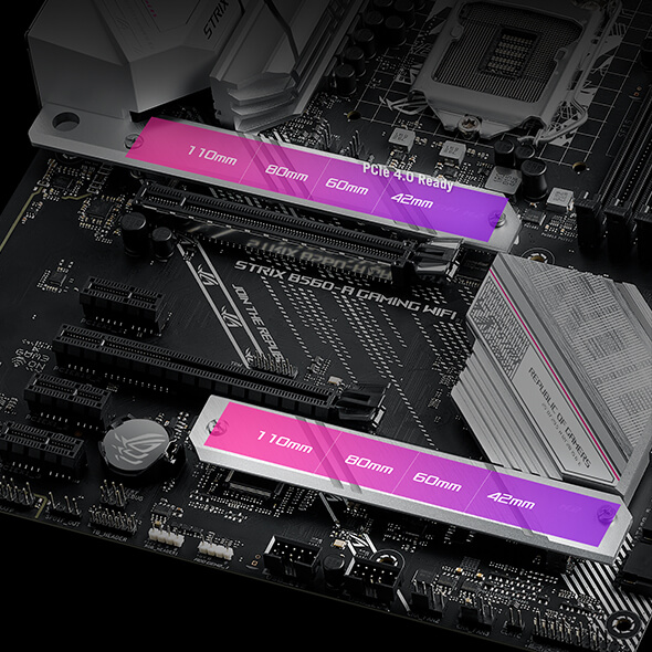 Closeup of ROG Strix B560-A Gaming WiFi M.2 slots highlight PCIe 4.0 support