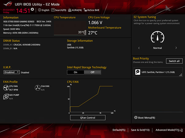 Screenshot of ROG Strix UEFI BIOS Utility – EZ mode section