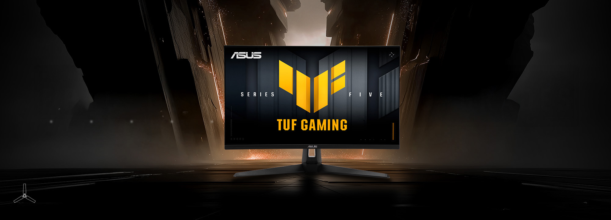TUF Gaming 電競螢幕 VG27AQM5A 螢幕中央顯示 TUF 標誌，並呈現生動鮮豔的遊戲畫面。