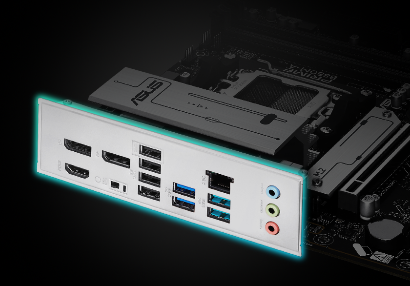Graphic depicting the PRIME B850M-A pre-mounted I/O Shield.