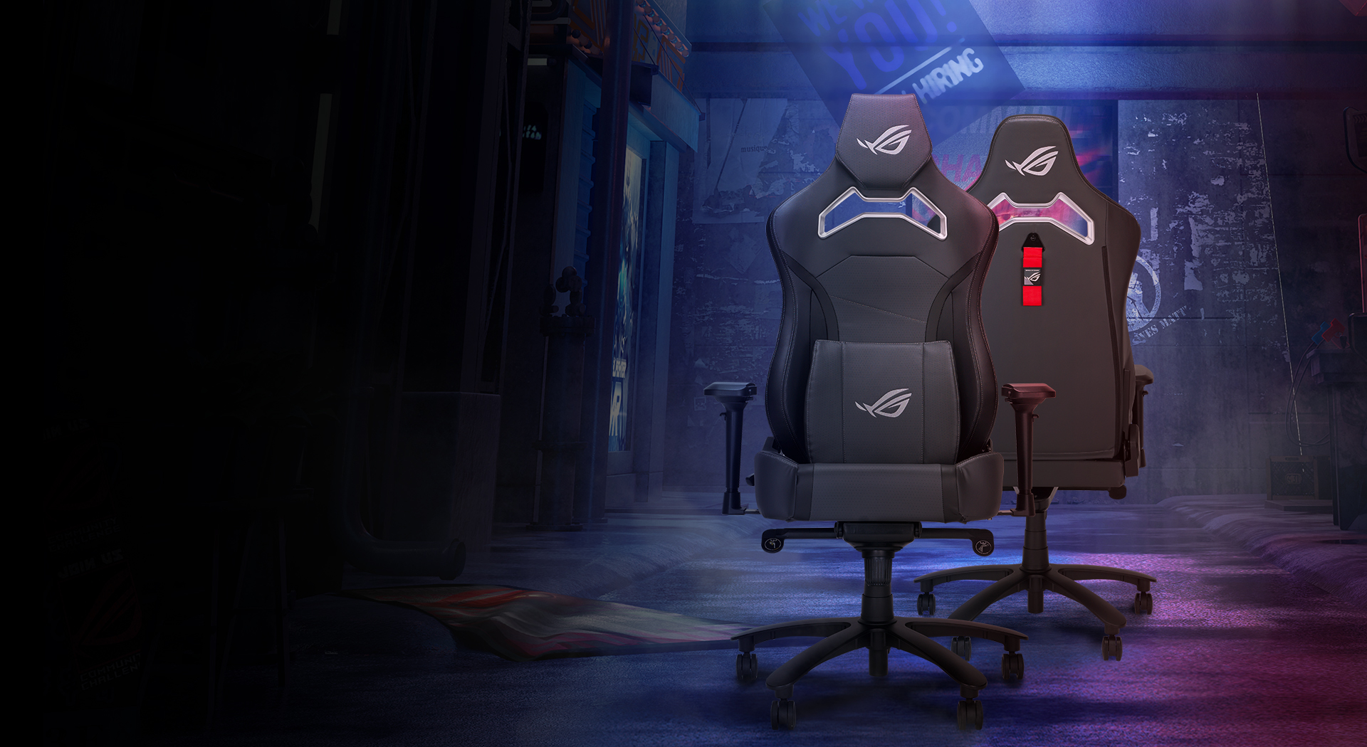 Two ROG Chariot X Core gaming chairs with front and back view