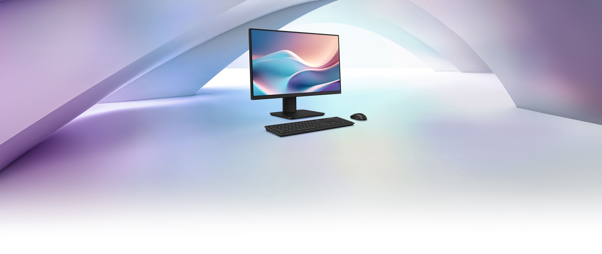 An ASUS ExpertCenter P400 AiO and keyboard and mouse are placed against a pastel-colored background.