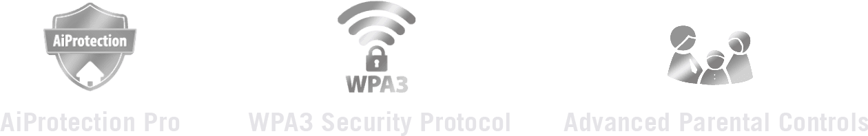 Biểu tượng AiProtection Pro cho bảo mật mạng, biểu tượng giao thức bảo mật WPA3, kiểm soát cha mẹ nâng cao cho bảo mật mạng