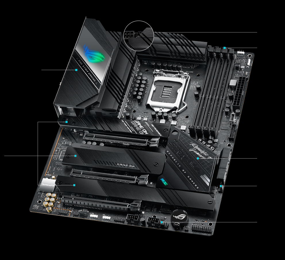 ROG Strix Z590-F Gaming WiFi angled front view highlighting CPU power connector and NVMe slots