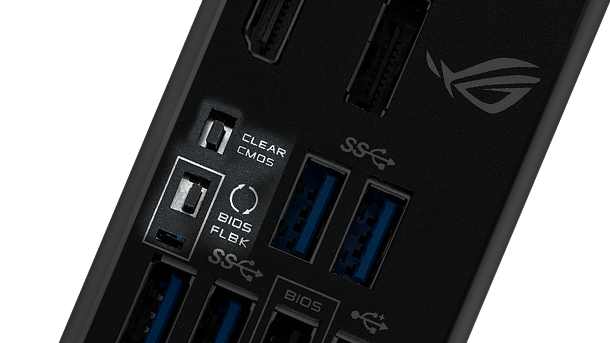Closeup of ROG Strix Z590-F Gaming WiFi Clr CMOS button BIOS FlashBack buttons