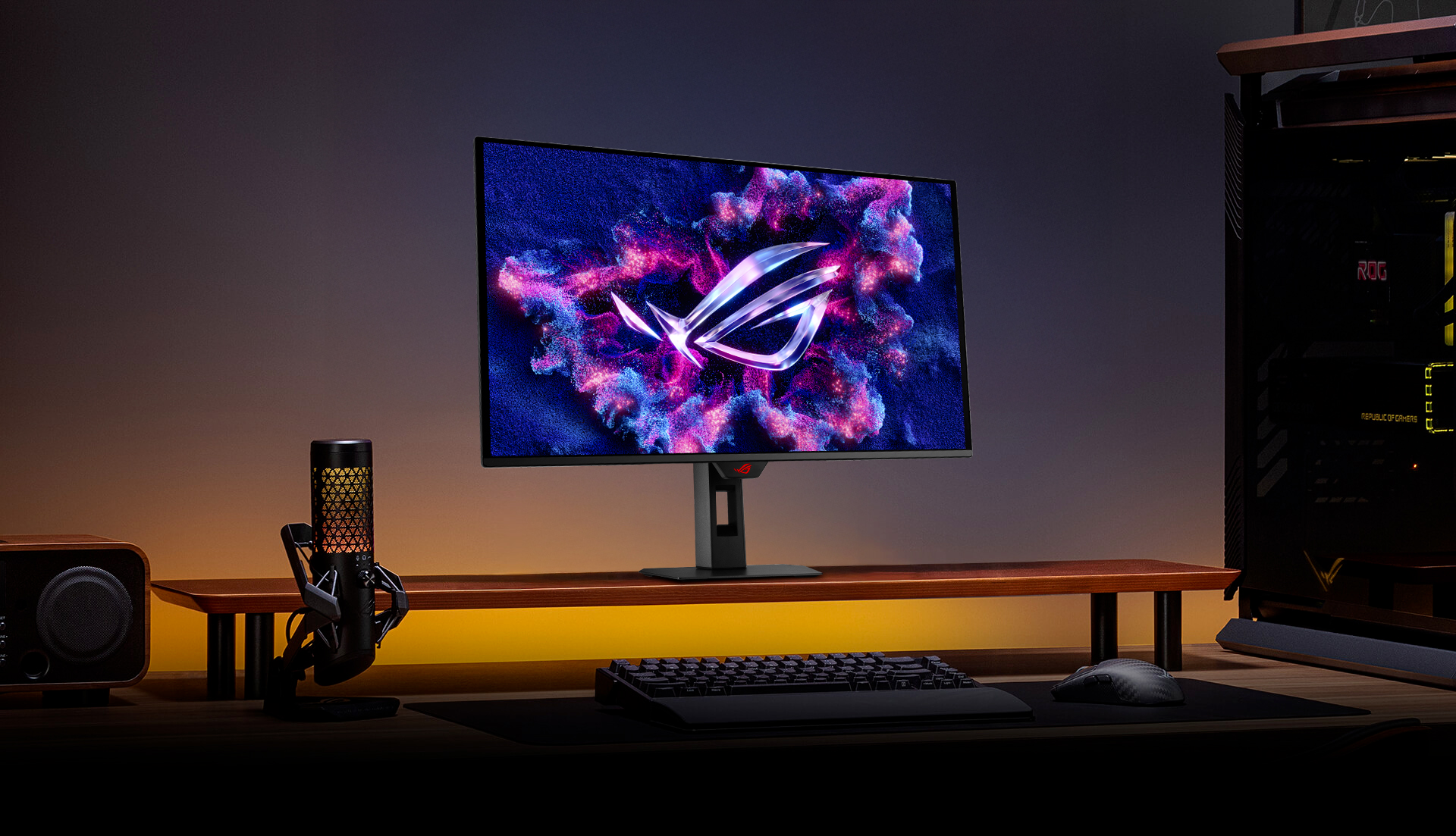 G27UCDM monitor on a screen stand with a mic in the foreground