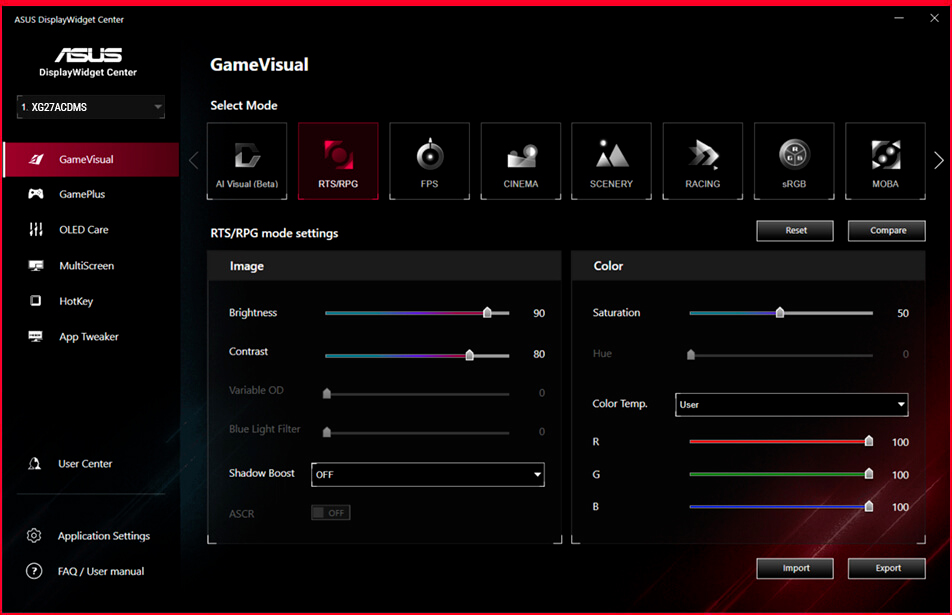Screenshot of the new ASUS DisplayWidget Center UI showing system settings, OLED functions, and more.