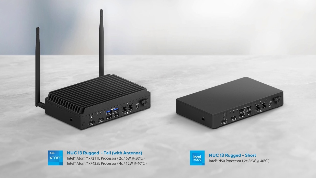 Two images of the ASUS NUC 13 Rugged product: one featuring the slim model without antennas, and the other showcasing the outlook with a heatsink and two antennas.