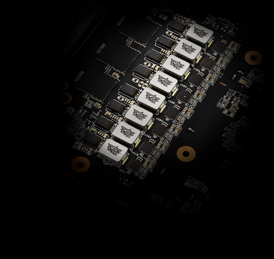 Graphics card circuit board closeup highlighting power delivery component layout