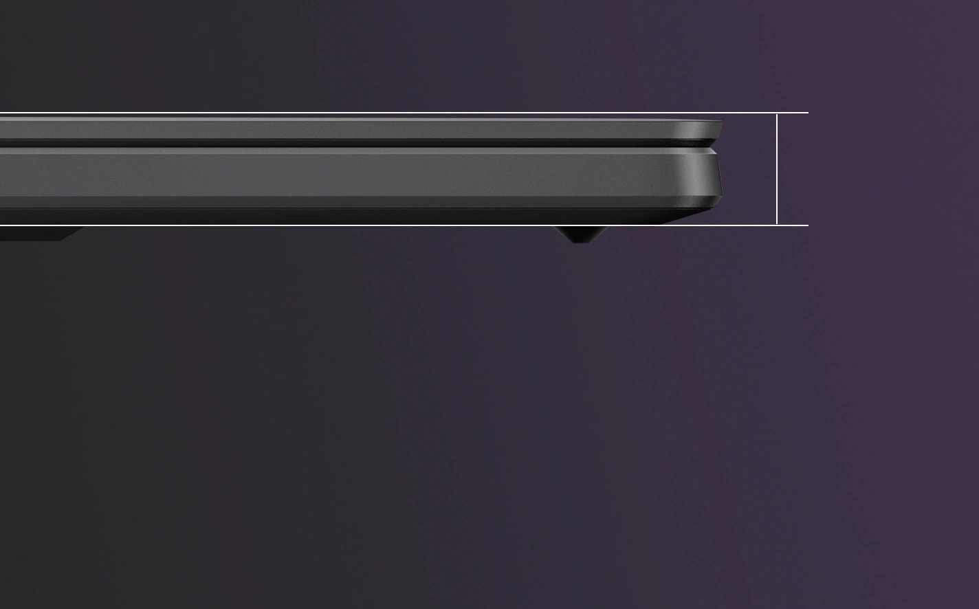 A 3D rendering of an Eclipse Grey Zephyrus G16 from the edge with the lid closed, to illustrate the extremely thin dimensions.