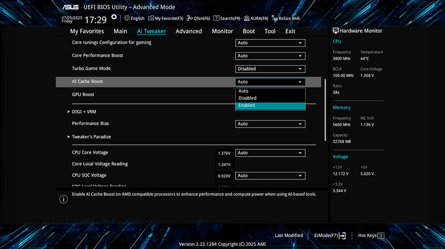 AI Cache Boost BIOS Interface