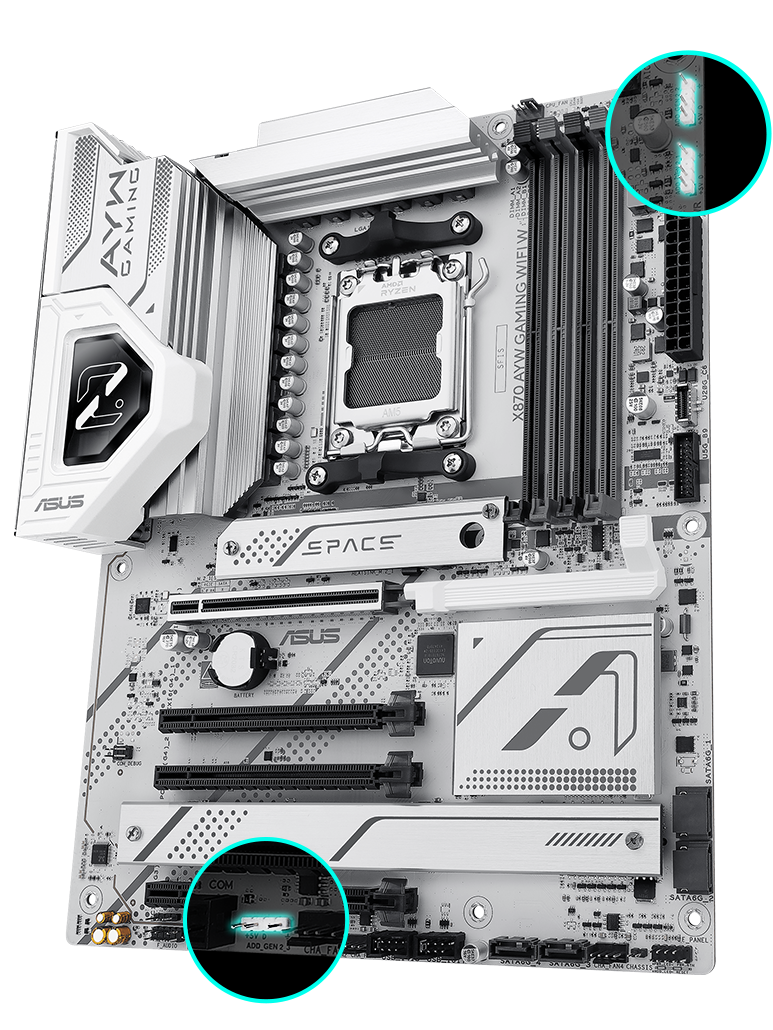 X870 AYW GAMING WIFI W vista frontal, 45 graus.