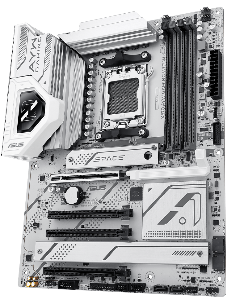 Vista frontal da placa-mãe X870 AYW GAMING WIFI W, flutuando no espaço.