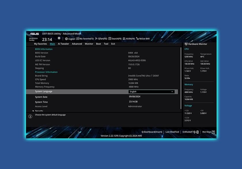 UI do modo avançado do BIOS UEFI.