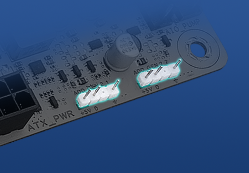Imagem que mostra os conectores X870 AYW GAMING WIFI W ARGB.