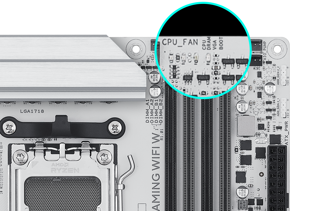 A placa-mãe X870 AYW GAMING WIFI W apresenta Q-LED.
