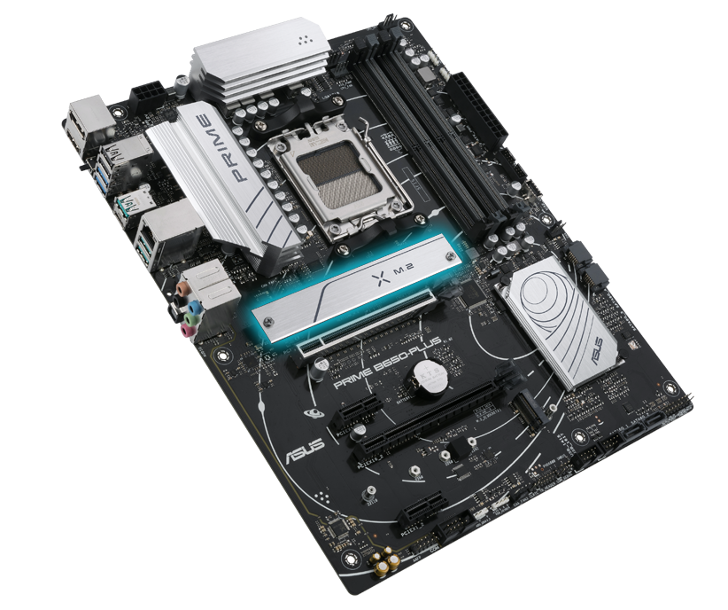 The PRIME B650-PLUS motherboard offers M.2 heatsinks.