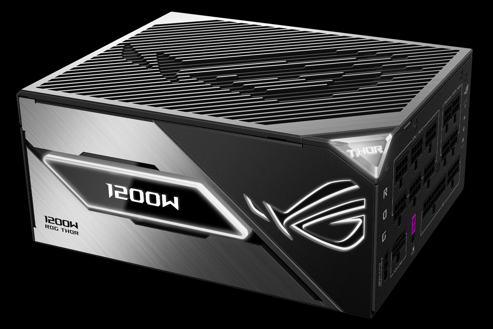 Side angle of ROG Thor 1000W Platinum III, showing RGB lighting.