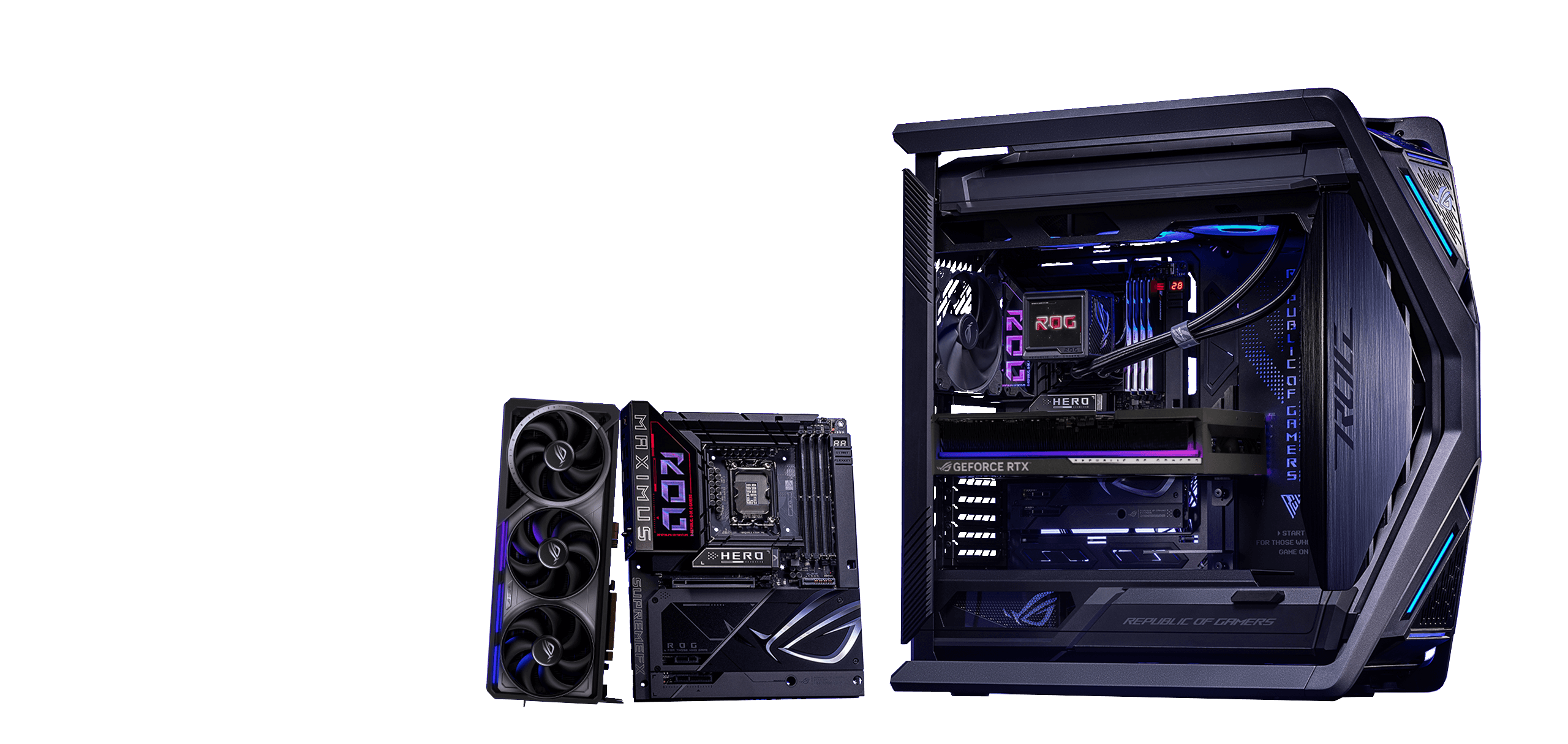 ROG BTF Ecosystem with ROG Maximus Z790 Hero BTF motherboard, ROG Strix GeForce RTX™ 4090 BTF Edition graphics card, and ROG Hyperion GR701 BTF Edition chassis