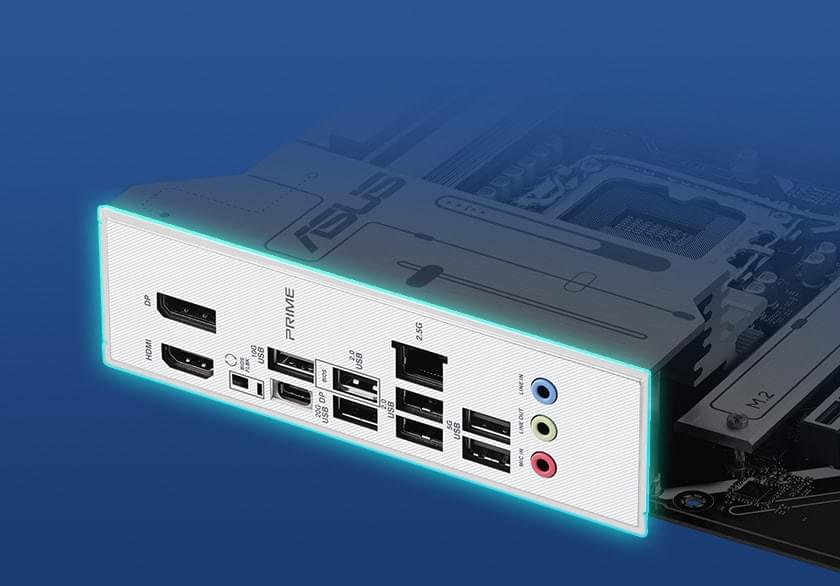 Graphic depicting the PRIME Z890-P-CSM pre-mounted I/O shield.