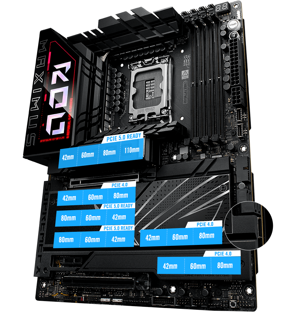 Disposición de las ranuras PCIe 5.0 y PCIe 4.0 M.2 en la ROG Maximus Z890 Hero