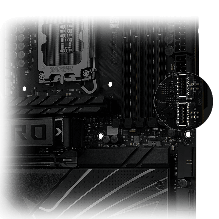 Un conector USB 20Gbps y un conector USB 10Gbps USB Tipo-C® en el ROG Maximus Z890 Hero