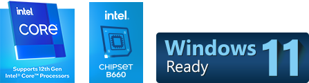 Core i9 processor icon , Intel B660 Chipset icon , Windows 11 icon